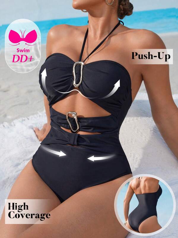 Swim DD+ Traje de baño de una pieza con hebilla metálica de unicolor tipo halter para vacaciones de verano de mujer