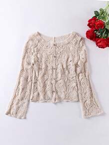 Calvaya Cárdigan con botones delanteros con perforaciones, cárdigan de manga larga de moda adecuado para primavera y otoño, cárdigan de mujer de unicolor con escote en V delantero abierto y perforaciones, cárdigan casual con dobladillo con volantes y botones delanteros de manga larga