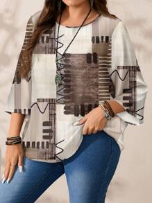 Mellowie Plus Size Women's Casual Simple Brown Plaid Patchwork Color Block Full Print Loose Fit Round Neck 3/4 Sleeve Shirt, Autumn/Winter Chic Blouses For Women - Multicolor - View 6