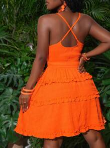 Slaydiva New Spring And Summer Casual Holiday Sexy Suspenders Front Chest Ring Hollow Back Cross Design Large Backless Multi-Layer Cake Skirt Fungus Edge Decoration A Swing Umbrella Skirt Yellow Plaid Fabric Women's Mini Dress