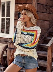LanaWest Women's Casual Countryside Style Striped Hollow-Out Knit Sweater Knit Pullover Fall Winter Sweater - Apricot - View 6