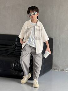 2pcs/Set Tween Boys' Casual Korean Style Letter & Graphic Print Short Sleeve Polo Shirt And Loose Woven 3/4 Pants Outfit