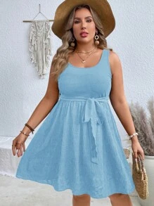 SHEIN VCAY Plus Size U-Neck Sleeveless Drawstring Waist Patchwork Dress - Baby Blue - View 7