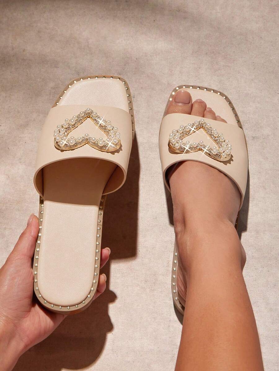 SHUZIA Women's Rhinestone Faux Pearl Decoration Fashionable & Comfortable Round-Toe Flat Sandals For Daily Wear Spring Shoes Spring Break Easter - Beige - View 1