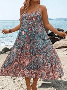 SHEIN LUNE Plus Size Casual All-Over Print Cami Dress - Multicolor - View 1
