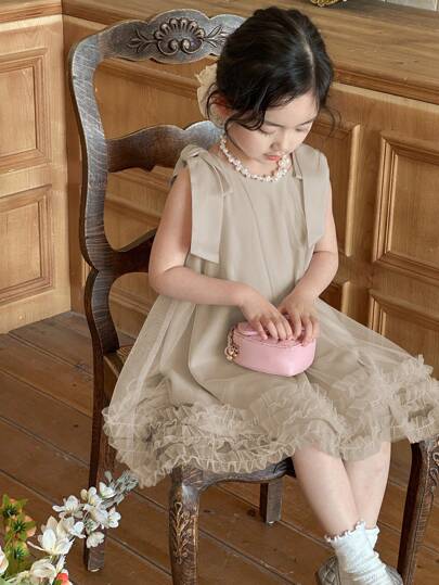 Dazy Kids Young Girl Elegant Solid Color Mesh Sleeveless Dress, Party Outfit