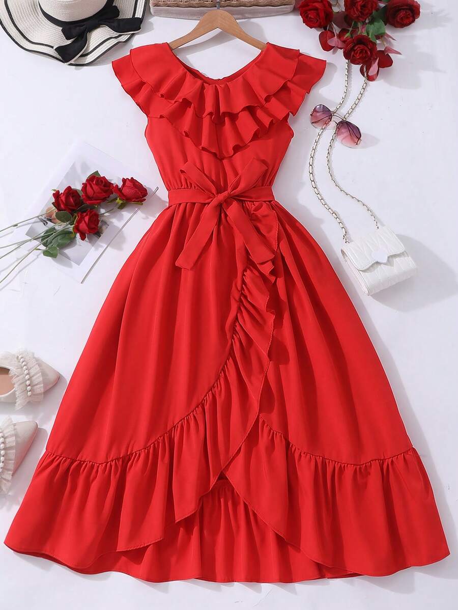 Ruffled Collar & Hem Mid-Calf Dress - Red - View 1