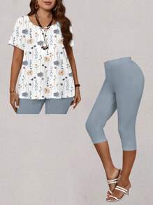 EMERY ROSE 2pcs/Set Casual Floral Allover Print Loose Short Sleeve & Capri Pants Plus Size Set,Holiday Outfits Suitable For Going Out,Flower/Spring/Summer/Vacation - Multicolor - View 3