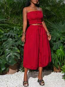 Slaydiva Nuevo conjunto de 2 piezas para mujer del verano 2025 versátil, casual, para vacaciones, crucero, playa, tomar el sol, calle, sin tirantes, fruncido, con lazo, bolsillos tipo cargo, abertura delantera, cordón, rojo, apto para festivales de música, Pascua, Día de San Patricio, estilo occidental, nómada, elegante, para ir al trabajo, graduación, estudiante, diario - Rojo - Ver 3