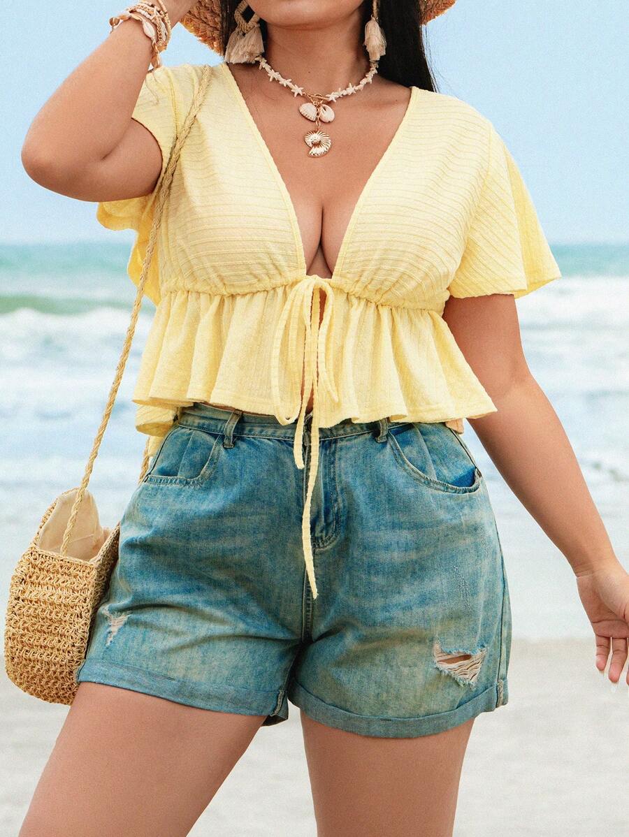 SHEIN VCAY 大码度假荷叶边下摆 T 恤 - 黃色 - 查看 1