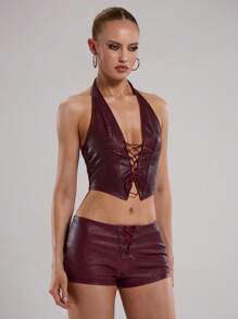 SHEIN BAE 夏季音乐节派对狂野西部路派对牛仔女孩狂欢派对酒红色纯色女士低腰性感修身复古水洗仿皮 PU 超级短裤短裤/女士狂欢节/音乐会