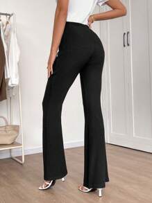 EMERY ROSE Women's Solid Color Waist Ring Ruched Detail Flare Leg Trousers - Black - View 2