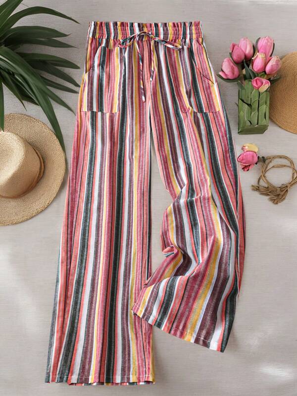 SHEIN LUNE Pantalones holgados de cintura alta con volantes y cordones de encaje, de estilo casual de moda para primavera/verano, para mujeres de talla grande con rayas de colores del arcoíris