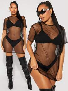 SHEIN SXY 春夏音乐摇滚节街头休闲洋气波西米亚BOHO VACAY黑色全透视网眼oversize短袖长款女T恤上衣 - 黑色 - 查看 1