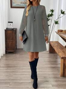 EMERY ROSE Women's Casual Round Neck Long Sleeve Ribbed Mini Mesh Dress