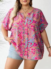 SHEIN CURVE+ Damen Große Größen Sommer Urlaubs Paisley Muster Lässiges, luftiges Hemd mit Dolman-Ärmeln, Nashville Bekleidung, Frühlings Boho Urlaub
