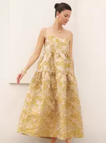 Aveloria Rosie Elegant Vintage Jacquard Jacquard Slip Dress With Oversized A-Line, Patchwork Design For Women, Mid-Length Boho Vacation Fashionable Style All Over Print Floral PRINT For Summer