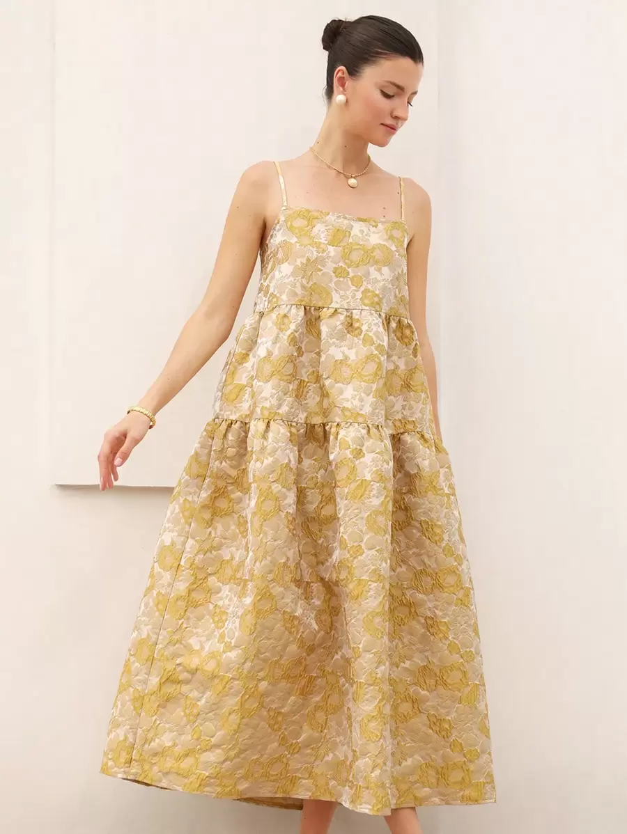 Aveloria Rosie Elegant Vintage Jacquard Jacquard Slip Dress With Oversized A-Line, Patchwork Design For Women, Mid-Length Boho Vacation Fashionable Style All Over Print Floral PRINT For Summer