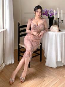 DAZY 花卉与植物复古印花超长裹身裙，长款半透明 A 字晚礼服，秋季连衣裙长袖连衣裙 - 粉色 - 查看 5