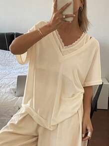 DAZY Women's V-Neck Lace Patchwork Loose Sleepwear Top