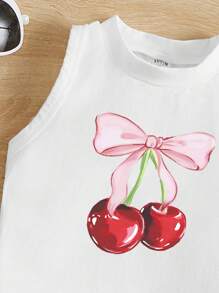 Bow & Cherry Graphic Pattern, Young Girl Casual Minimalist Cartoon Sleeveless Round Neck Tank Top, Suitable For Summer - White - View 3