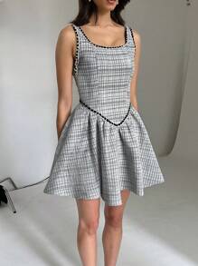 SHEIN Essnce Women's Spring/Summer Gingham Square Neck Sleeveless Mini Dress, Fashionable - Grey - View 6