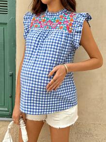 SHEIN Zwangerschapsblouse met blauwe ruit en ruches en bloemenborduurwerk