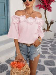 Breezaya Women's Spring & Summer Casual Vacation Travel Off-Shoulder Decorate 3D Floral 3/4 Batwing Sleeve Loose Simple Shirt