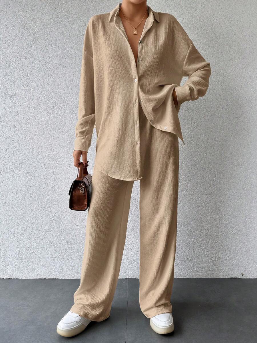 EURMUSE Drop Shoulder Shirt & Wide Leg Trousers - Apricot - View 1