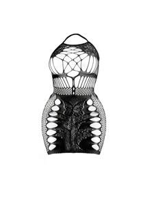 Classic Sexy Plus Size Women Solid Color Hollow Out Halter Sexy Net Dress, Standalone