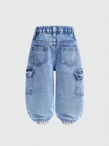 SHEIN Playful Pals 男童棉质可调节腰部工装口袋休闲裤 - 中等水洗藍 - 查看 2