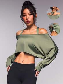 SHEIN Sport Studio Women's Solid Color Backless Halter Batwing Short Sleeve Outdoor Sports T-Shirt