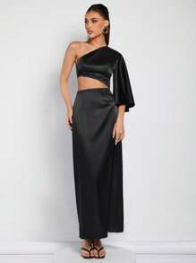 COSMINA Women's Solid Color Ruffled One-Shoulder Cutout Waist Dress - Black - View 4