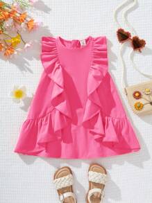 SHEIN Babygirl Sweet Orange Ruffle Hem Summer Vacation Dress - Hot Pink - View 4