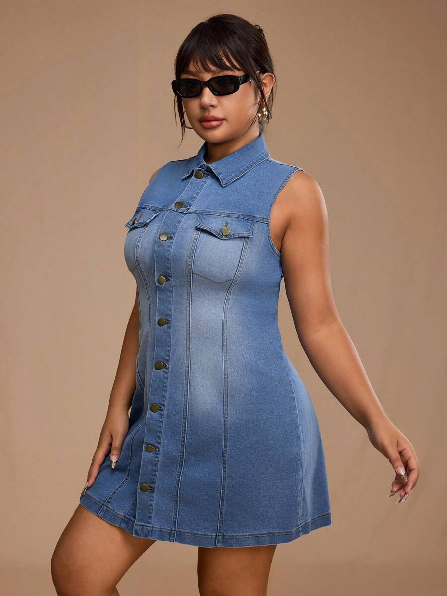 Forever 21 Plus Size Women Collared Single-Breasted Sleeveless Casual Denim Dress - Blue - View 1