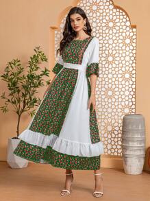 女士圆领短袖撞色碎花度假连衣裙