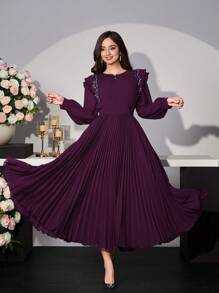 Modelyn 女士优雅枣红色蕾丝边褶饰荷叶边下摆长袖百褶连衣裙 - 紫色 - 查看 3