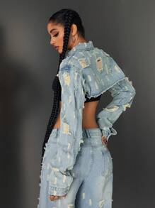 Jeanoix Chaqueta de jeans súper corta para mujer, denim desgastado con cuello, estilo de moda vintage