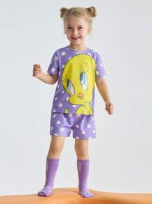 LOONEY TUNES X SHEIN 2pcs/Set Young Girl Cute Cartoon Bird Tweety & Polka Dot Print Short Sleeve T-Shirt And Purple Polka Dot Shorts Pajamas Set, Casual For Spring/Summer