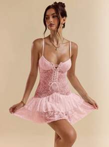 SHEIN BAE Vestido de mujer con volantes en el bajo y cordones glamorosos - Rosa Pálido - Ver 6