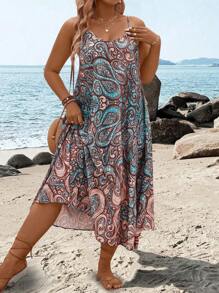 SHEIN LUNE Plus Size Casual All-Over Print Cami Dress - Multicolor - View 4