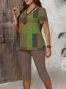 EMERY ROSE 2 sztuki/zestaw Plus Size Casual Lattice Allover Print Luźny krótki rękaw Top i spodnie Capri