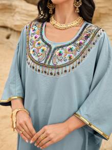 Al Najma 水晶装饰圆领长袖卡夫坦长裙，土耳其和阿拉伯优雅传统风格长裙，端庄 - 霧霾藍 - 查看 3