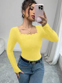 SHEIN Privé t-shirt femme à manches longues, coupe slim, col carré, avec ourlet élégant vague noir - Jaune citron - Voir 7