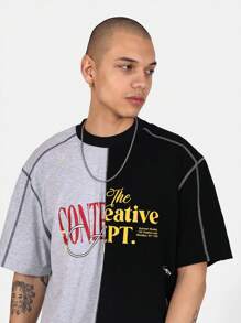 SUMWON Creative Department Split Design Boxy T-Shirt Urban Streetwear Graphic Logo Cotton Tee Casual Skater Style Modern Typography Design Oversize Fashion Statement