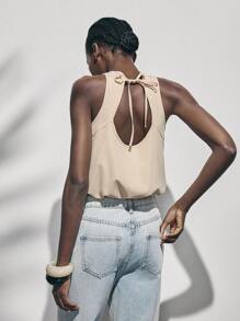 Lumivelle Women's Crew Neck Sleeveless Backless Fitted Short Crop Top, Solid Color - Apricot - View 1