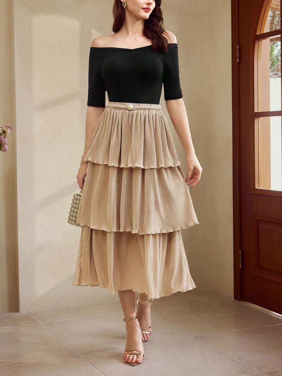 Vintamour Retro Elegante Vrouwen Geplooide Rok, Losse A-lijn Uitlopende Rokken, Khaki Kleur, Lente & Zomer