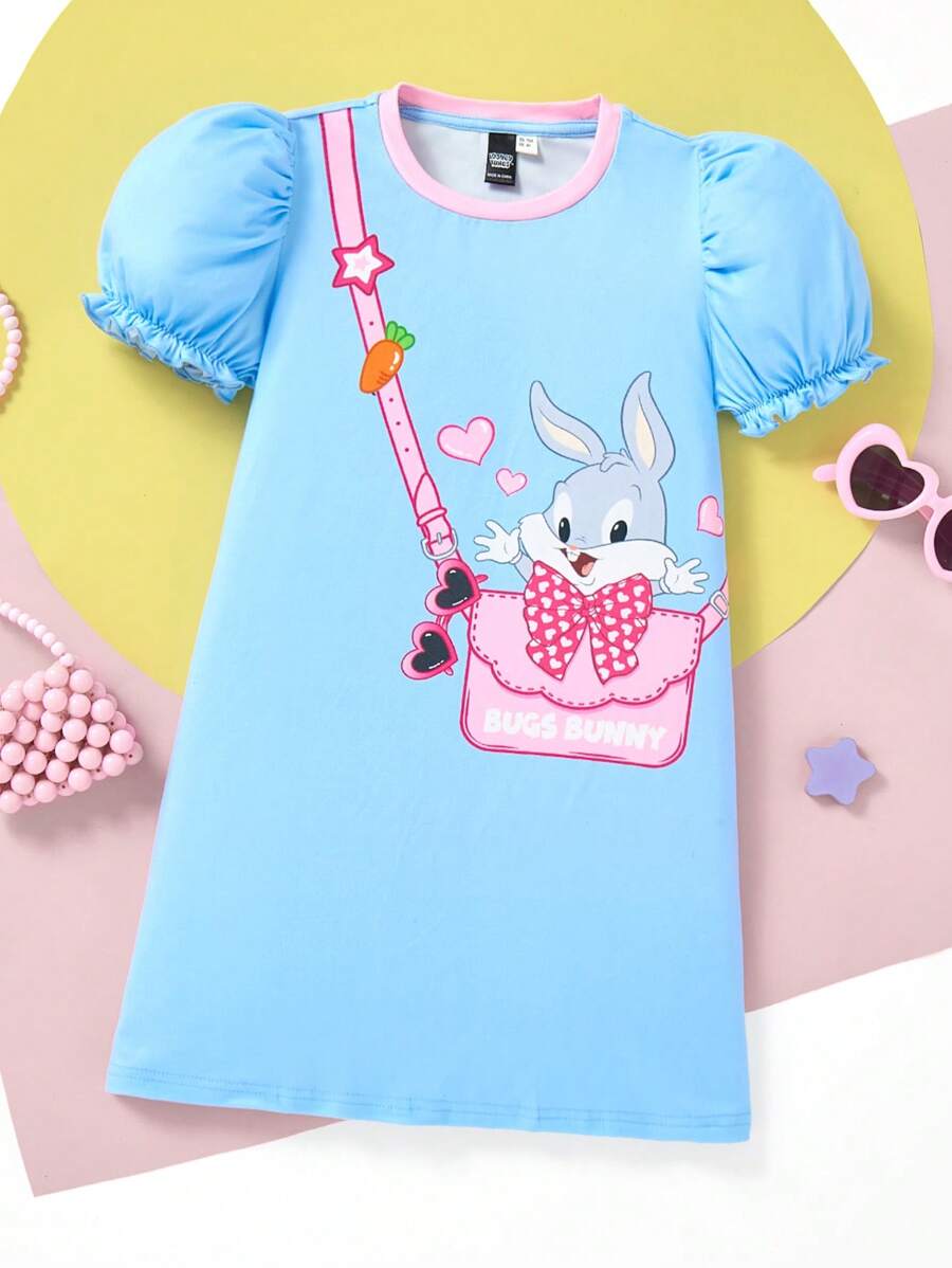 LOONEY TUNES X SHEIN 年轻女孩可爱甜美休闲卡通兔子印花泡泡袖 T 恤连衣裙，适合春夏季 - 藍色 - 查看 1