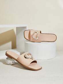 SHUZIA Women's Rhinestone Faux Pearl Decoration Fashionable & Comfortable Round-Toe Flat Sandals For Daily Wear Spring Shoes Spring Break Easter - Beige - View 5