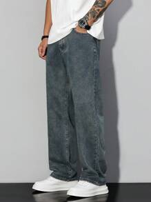 Manfinity Hypemode Men Casual Washed Slant Pocket Straight Leg Jeans - Blue - View 4